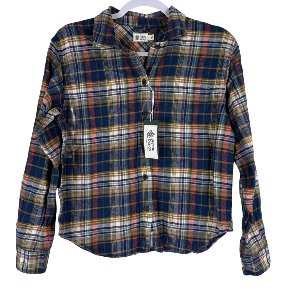 Alpine Design Womens XS Midweight Flannel Shirt Navy Brown Plaid Long Sleeve NEW